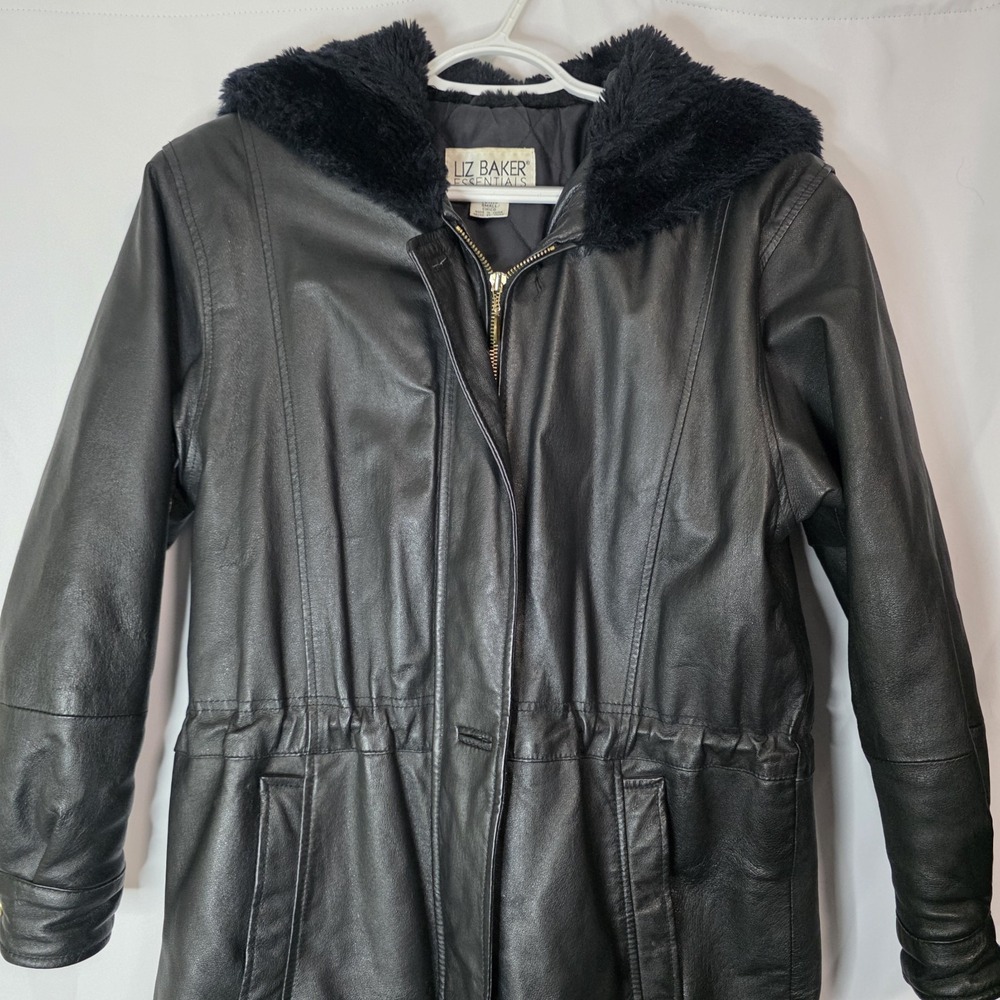Vintage Genuine Leather Black‎ Coat Faux Fur Hood Y2K Minimalist Jacket - Picture 2 of 16